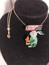 Betsey Johnson Green Easter  Bunny & Carrot Rhinestone Necklace/Pin New W/Tags 