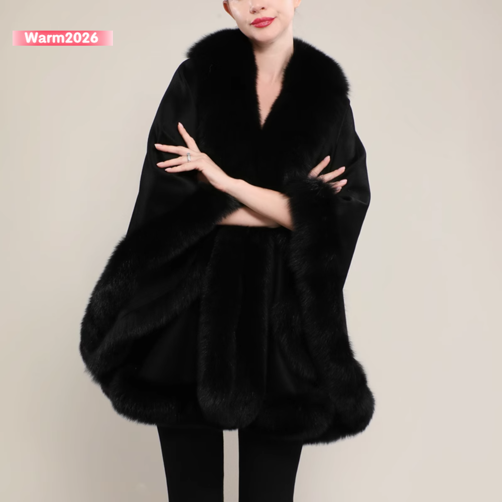 Black Cashmere Cape with Fox Fur Collar Shawl Trim All Around One
