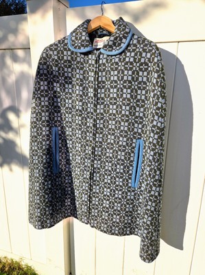 Vintage Welsh Lined Wool Tapestry Cape Vintage Blue & Khaki Green '60s - Size M