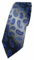 Schmale Tigertie Designer Krawatte In Marine Royal Blau Silber Paisley Gemustert