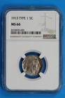 1913 5C INDIAN HEAD BUFFALO NICKEL NGC MS66 TY1 Early US Type Coin -004