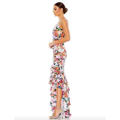 mac duggal floral print asymmetrical ruffle hem dress Gown In Multi 68075 Size 12 New Size:FR 50 its perfect for any BFCM25MEFestive Satin Neckline Wedding Dress