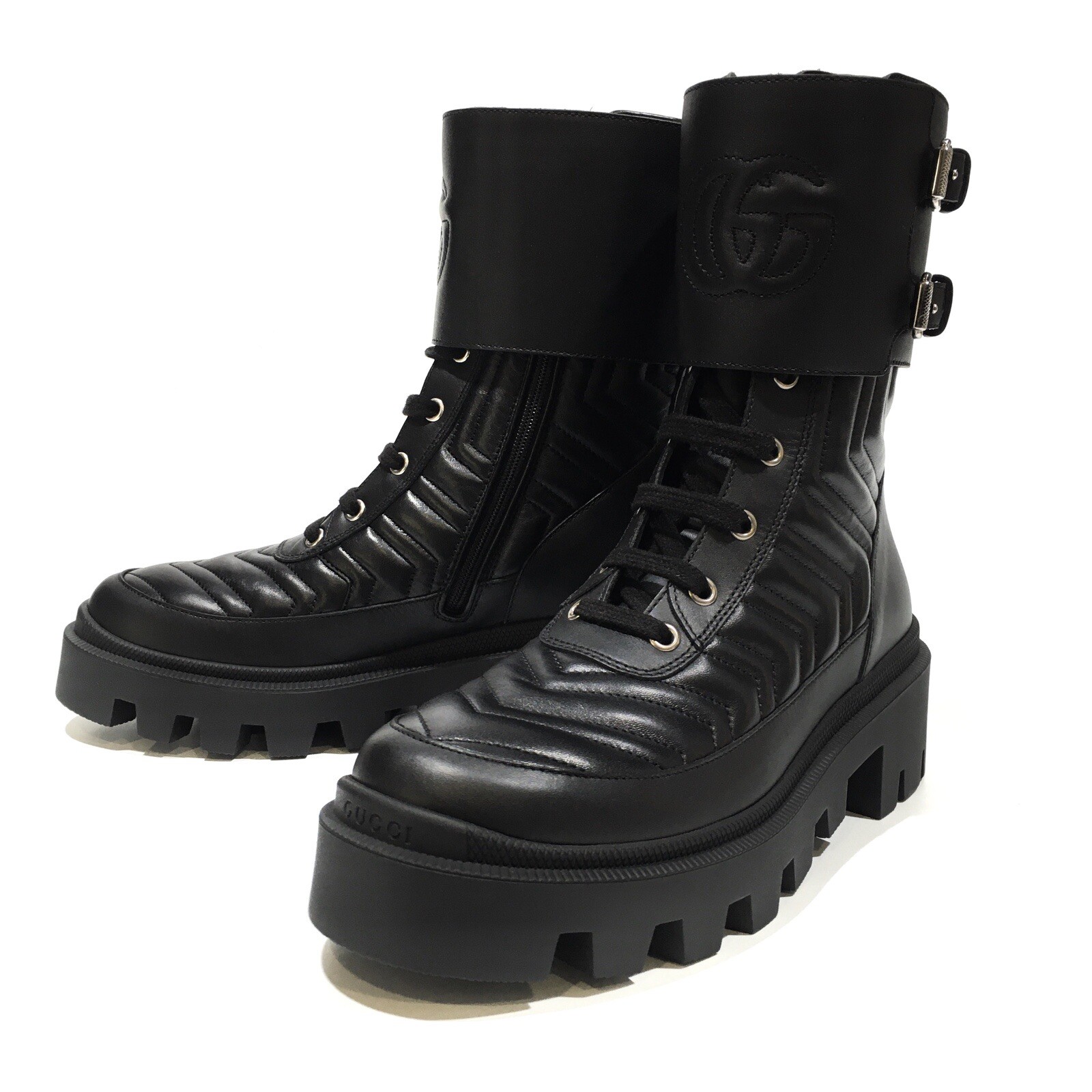 GUCCI GG Nappa Quilted Combat Boots -Black leather -Women
