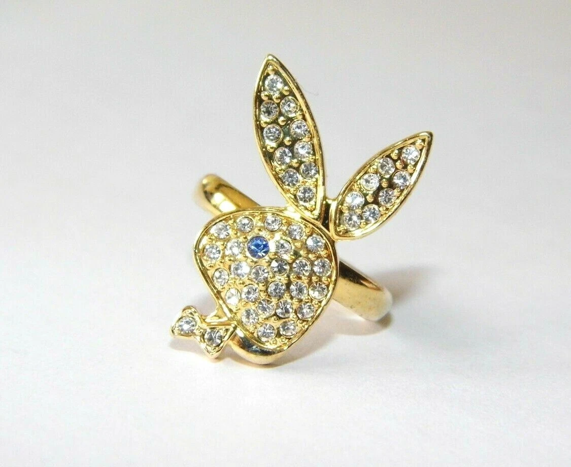 6 Playboy Ring Swarovski Crystal Detailed Gold Bunny Logo Ring