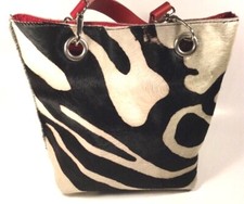 Handbag Maurizio Taiuti Black/white Zebra Hair Fur Red Leather Handles Lined