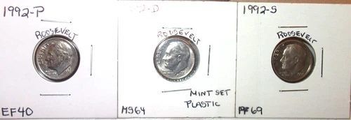 1992-P EXTRA FINE / 1992-D MINT STATE / 1992-S HIGH END PROOF ROOSEVELT DIMES