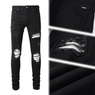 Men's Skinny Stretch Ripped Jeans with PU Patches, Black White