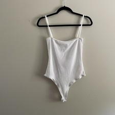 Missguided Women 6 White Ribbed Spaghetti Straps Straight Neck Bodysuit NWT