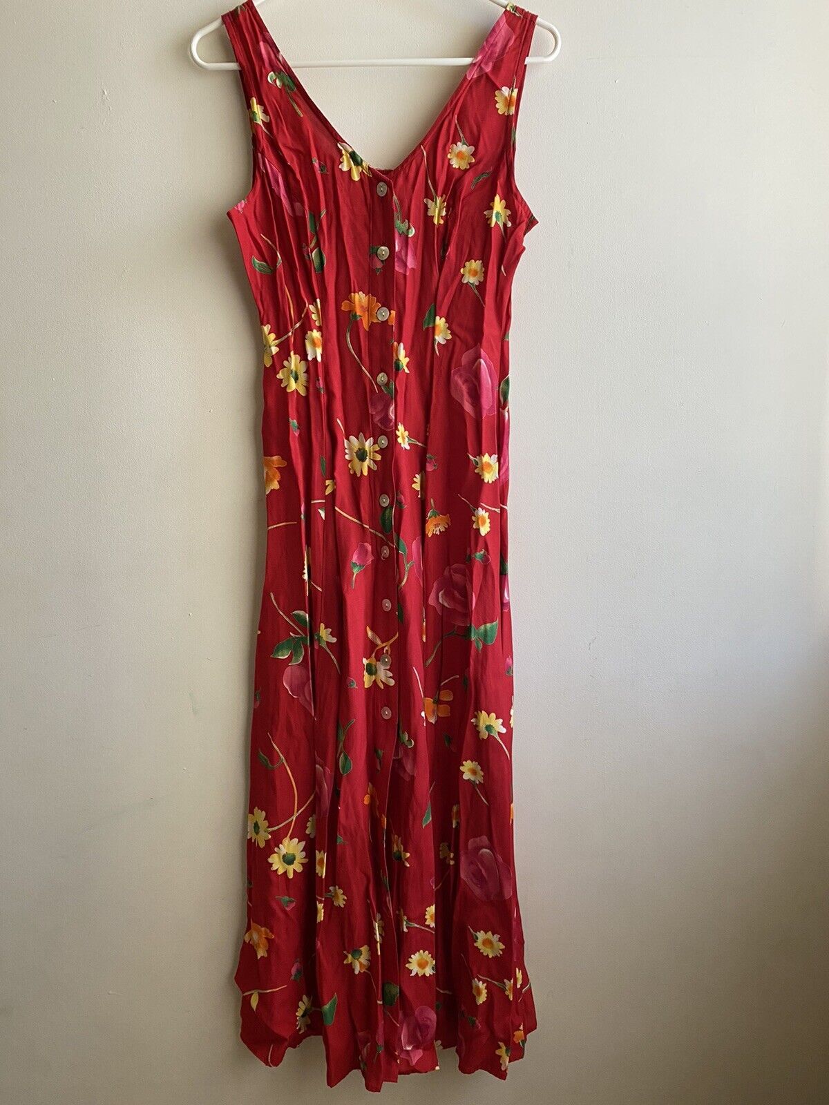 Vtg Express Red Floral Dress Button Front Smocked… - image 1