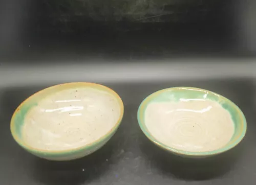 Set Of 2 Studio Art Pottery Ceramic Bowls Green Drip Glaze Signed Satami 6.5"