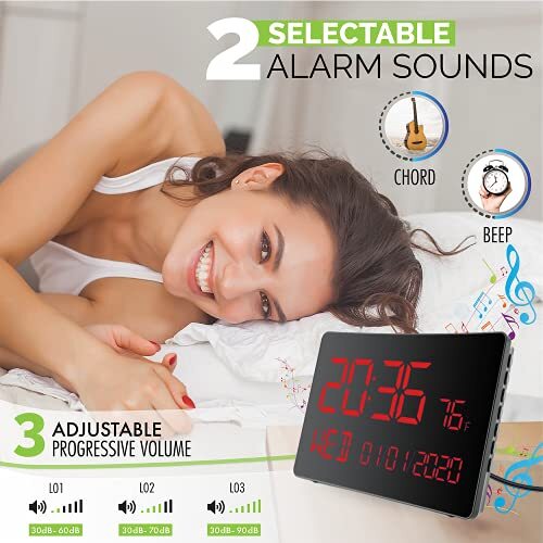 Kadams Large LED Digital Wall Clock, 10 inches - Dual Alarm Clock - Indoor Tempe