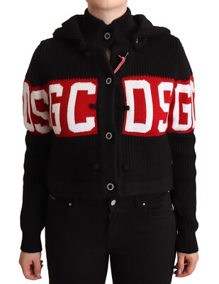 GCDS Jacket Cardigan Black Cashmere Hooded Button Down Logo IT40/US6/S RRP $850