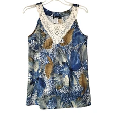 Signature Studio Tank Top Women M Blue Floral Crochet Romantic Peasant Chic Boho