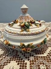 Italian Majolica Covered Tureen With Ladle Fruit & Flower Design