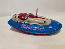 Blue Bird Tin Litho Boat SAN Japan No Driver, motor works, prop loose, no fin