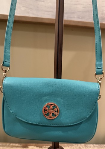 Tory Burch Robinson Turquoise Turn Lock Clutch Crossbody Bag Gold Hardware - Picture 1 of 10