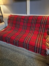 Wool Game Tailgate Throw Blanket Red w/Navy Gold 50x60 Plaid Fringe U.S.A.