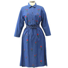 80s Vintage Rose Embroidered Denim Top  Skirt Set Womens S Denim Outfit Utility