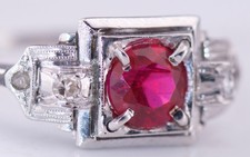 Antique Art-Deco French Ladies Platinum Ring -Lucien Gaillard- Diamonds and Ruby