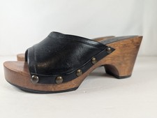 VTG Candies Y2K Blk Leather Heeled Slide Wood Base Stud Trim Sz 5M