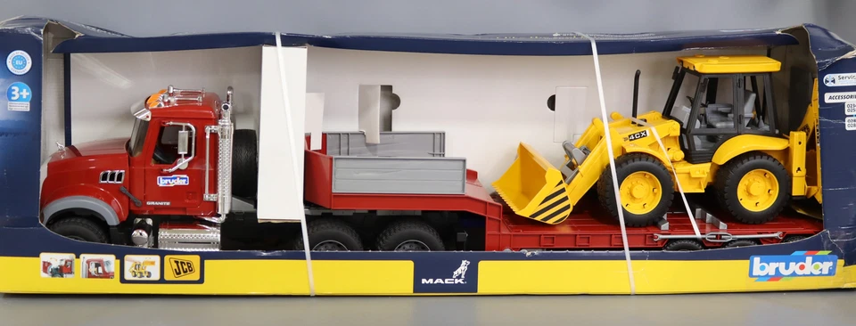 Bruder Toys 02813 Mack 花岗岩平板卡车带 JCB 装载机反铲,黄色 — 第 2/4 张图片