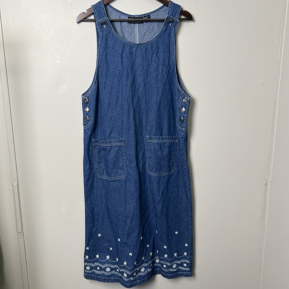 Vintage 90s Denim Overall Maxi Dress Embroidered Floral Country Folk Ranch Sz M