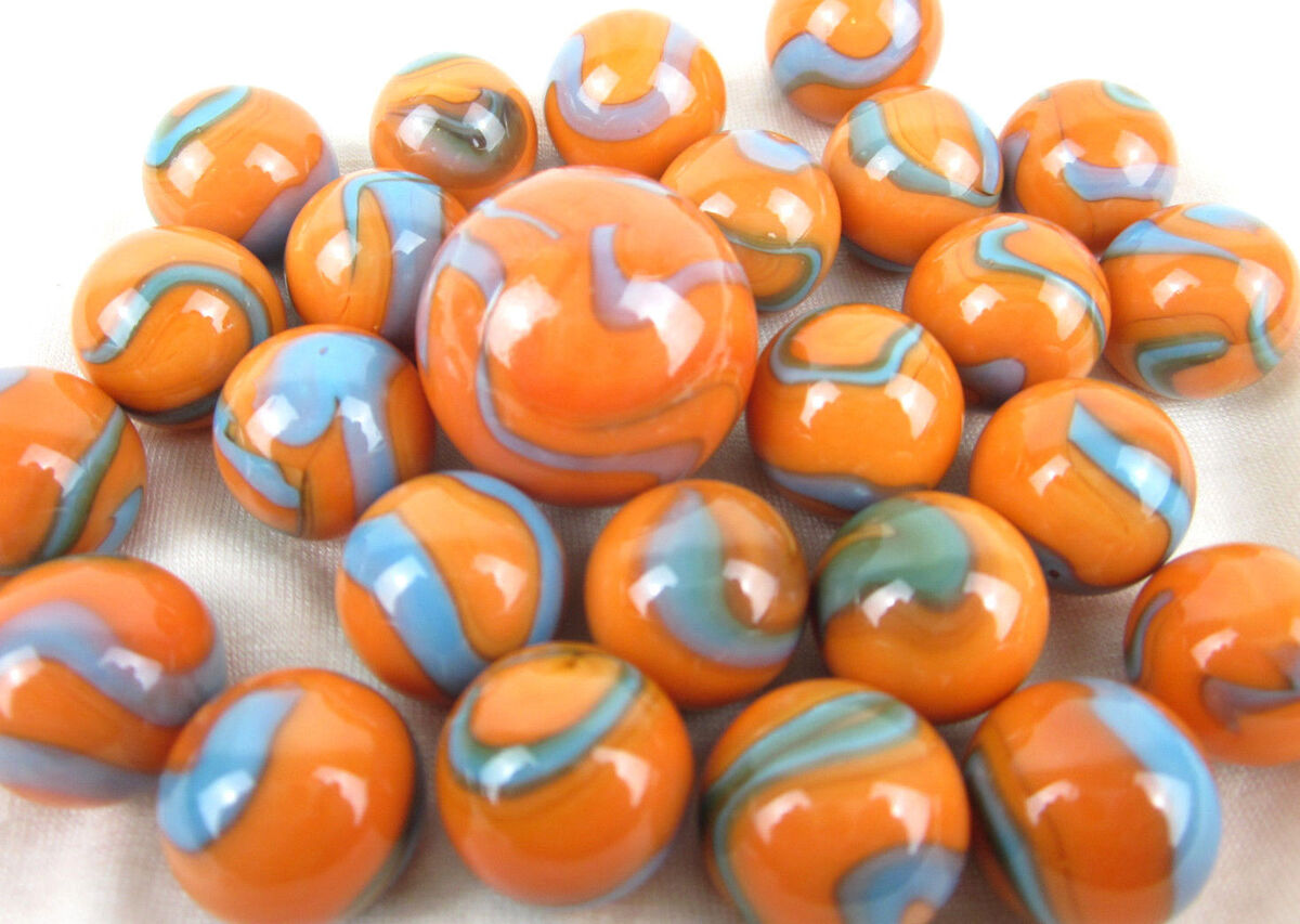 25 Glass Marbles SEAHORSE Orange/Blue Classic vtg Style Game Pack