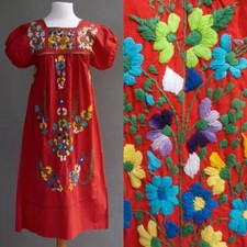 VTG Mexican Heavy Ornate Hand Embroidery Red Cotton Ethnic Peasant Tunic Dress M