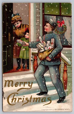 Postcard Merry Christmas Mailman Delivering Package | eBay