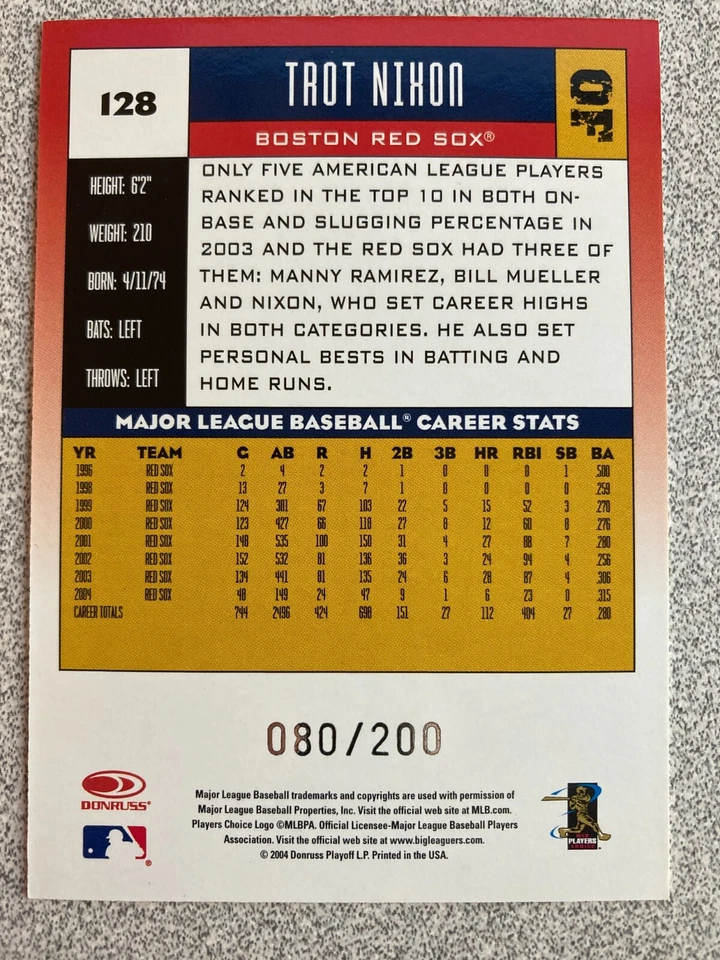 2005 Donruss Press Proofs RED #128 Trot Nixon 80/200 Boston Red Sox - Image 2 of 2