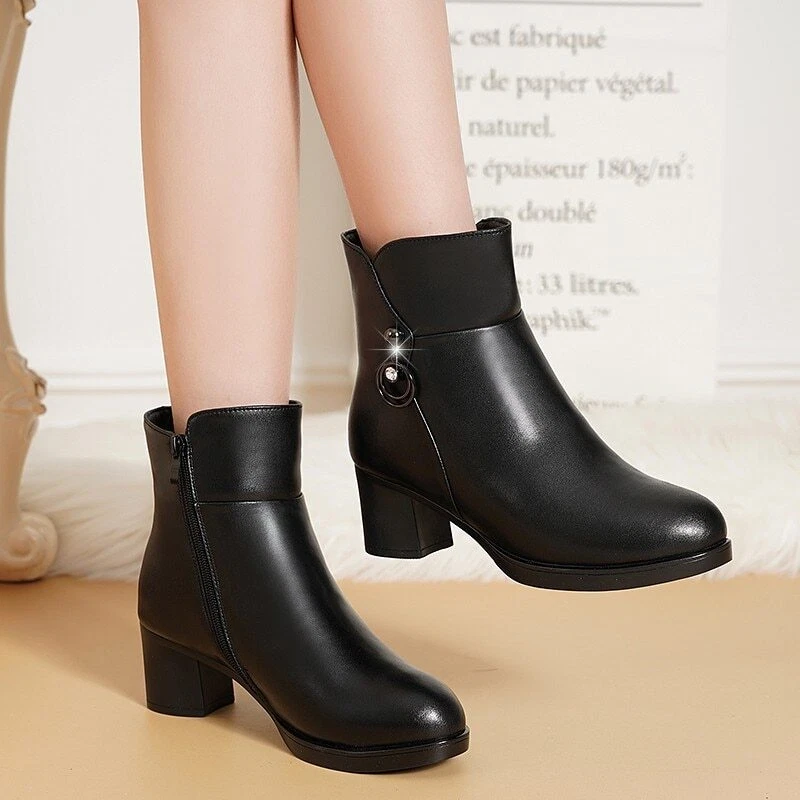 Women Ankle Boots Round Toe Side Zip Block Thick High Heels Booties Faux  Leather | eBay