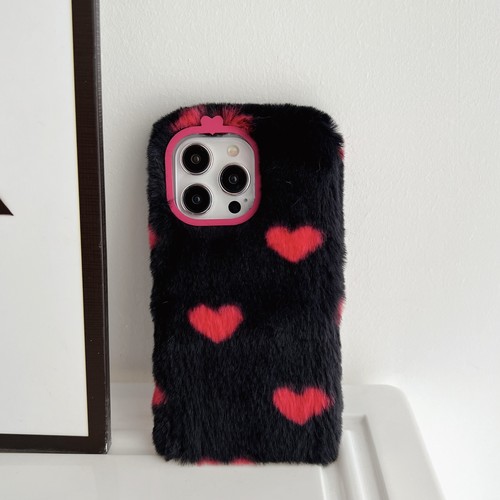 For iPhone 15 14 13 12 11 Pro Max XR Cute Love Heart Pattern Plush Fluffy Case - 第 11/23 張圖片