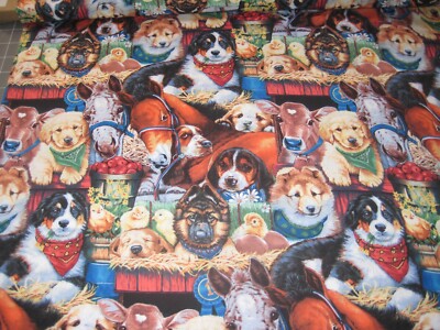 Puppies At the Barn 1/2 yard 18''x44'' Horses Calf Chicks Bandanas David Textiles