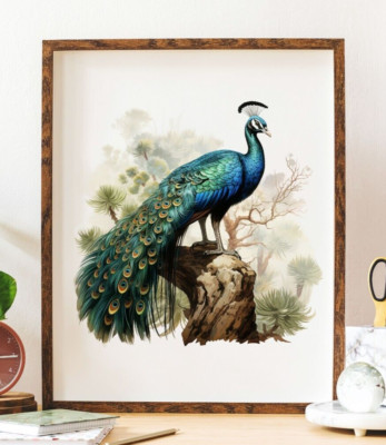 Peacock Wall Art Print, Peacock On a Branch Art Print, Wall Art Decor Home Decor