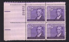 #1105- 3¢ James Monroe Issue - MNH Plate Block 4