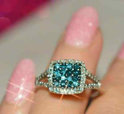 2Ct Round Lab-Created Blue Diamond Cluster Engagement Ring 14K White Gold Plated