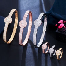 Micro Pave Gold Color CZ Open Cuff Bangle Bracelet Ring Fashion Chic Jewelry Set