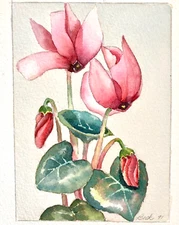 1991 Beck Watercolor Cyclamen Flower Elegant Plant Art Pink Green 80s 90s Retro