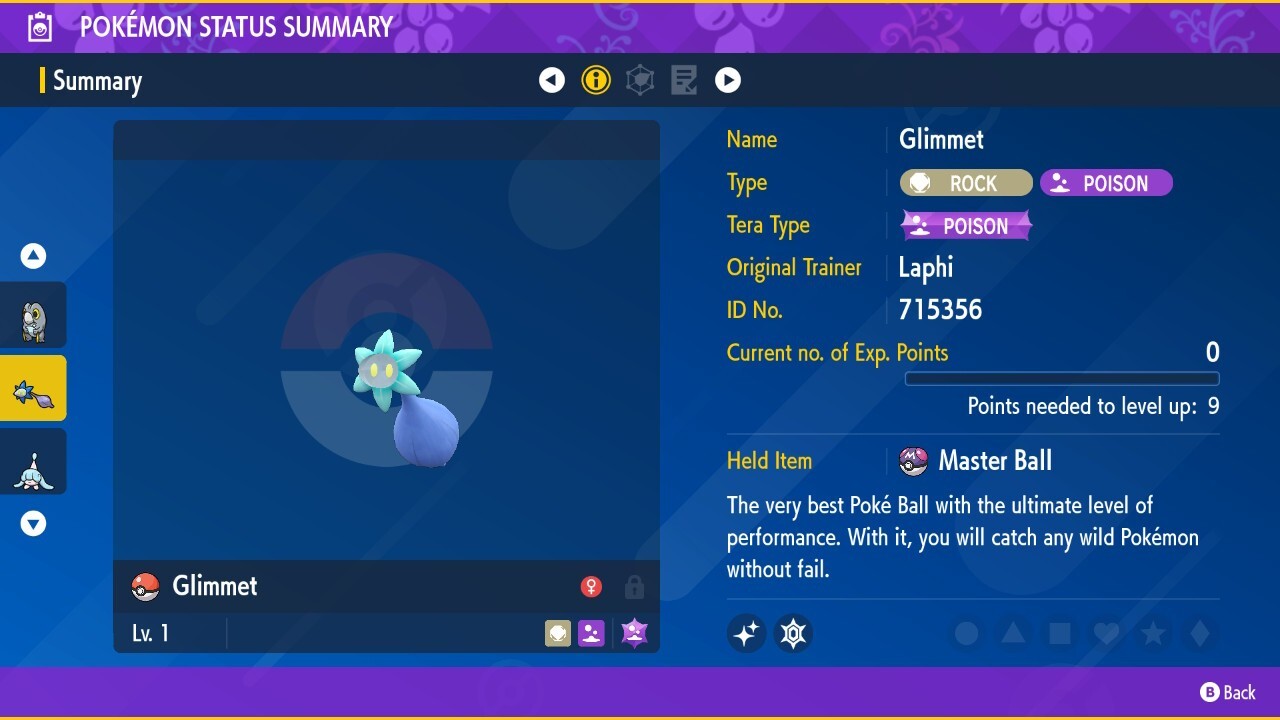 Shiny Glimmet 6IV Lv. 1 Modest Nature Pokemon Scarlet Violet with