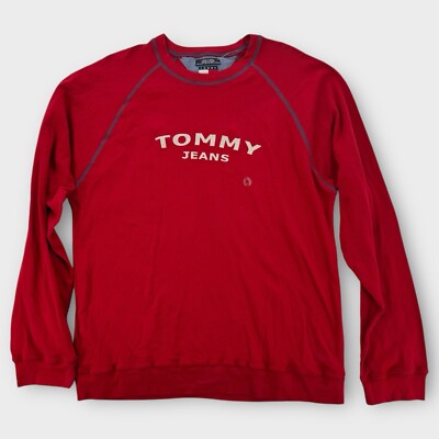 Vintage Tommy Jeans Hilfiger Sweater Mens XL Red Spell Out Logo LS Shirt NEW