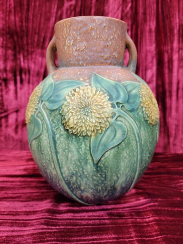 AMERICAN Roseville Pottery Sunflower ART line vase 493-9" matte green yellow