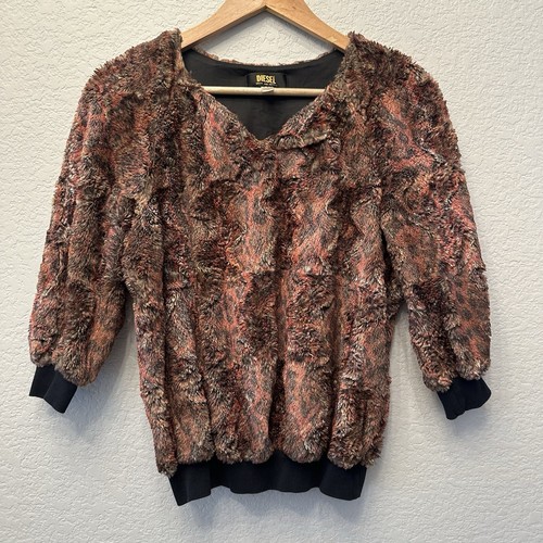 DIESEL Faux Fur Women’s Top Leopard Print 3/4 Sleeve Oversized Italy Sz Small