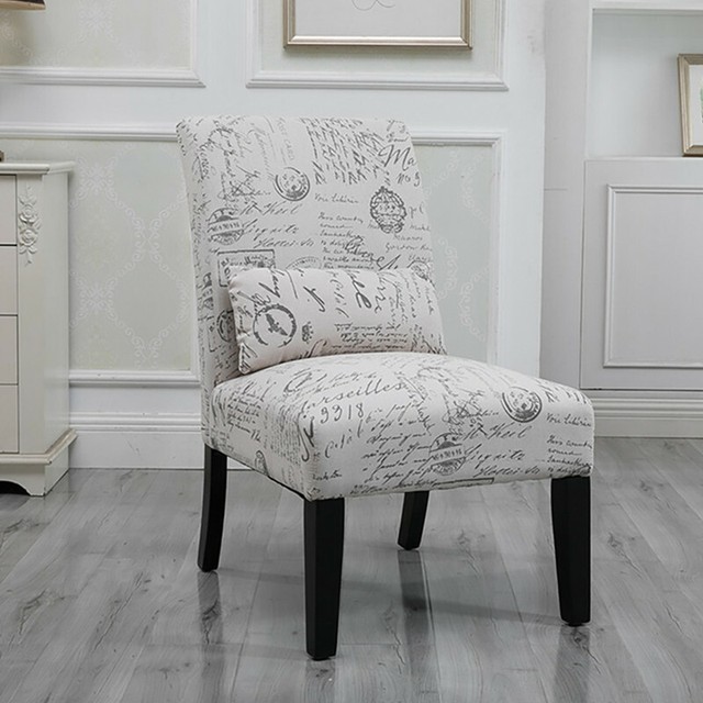 Single Beige Letter Printed Fabric Accent Chair W Kidney Pillow Lounge Chair