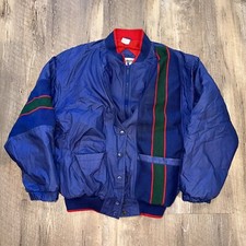 Andy Johns Vintage Retro Stripe Lined Jacket Coat Thick 90s 80s Navy Blue Size M