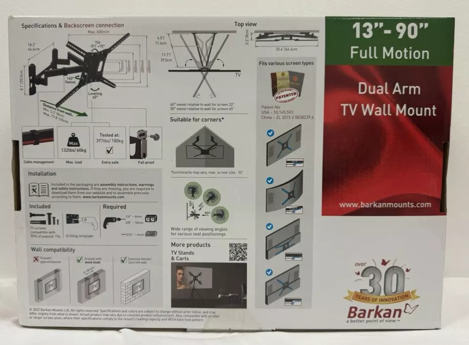 Barkan TV Wall Mount, 13-90 inch Dual Arm Full Motion Articulating - 4 Movement - Image 3 of 3