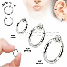 PAIR Surgical Steel Non-Piercing Fake Clips-On Hoop Septum Nose Ring Earrings 