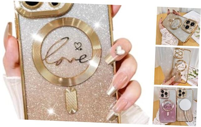 Compatible with Case,Compatible with MagSafe Love Heart iPhone 13 Pro Max Gold