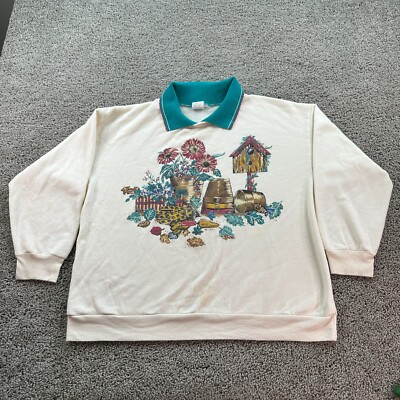 VTG Basic Editions Grandma Sweater Womens L Autumn Floral Garden Birdhouse FLAW