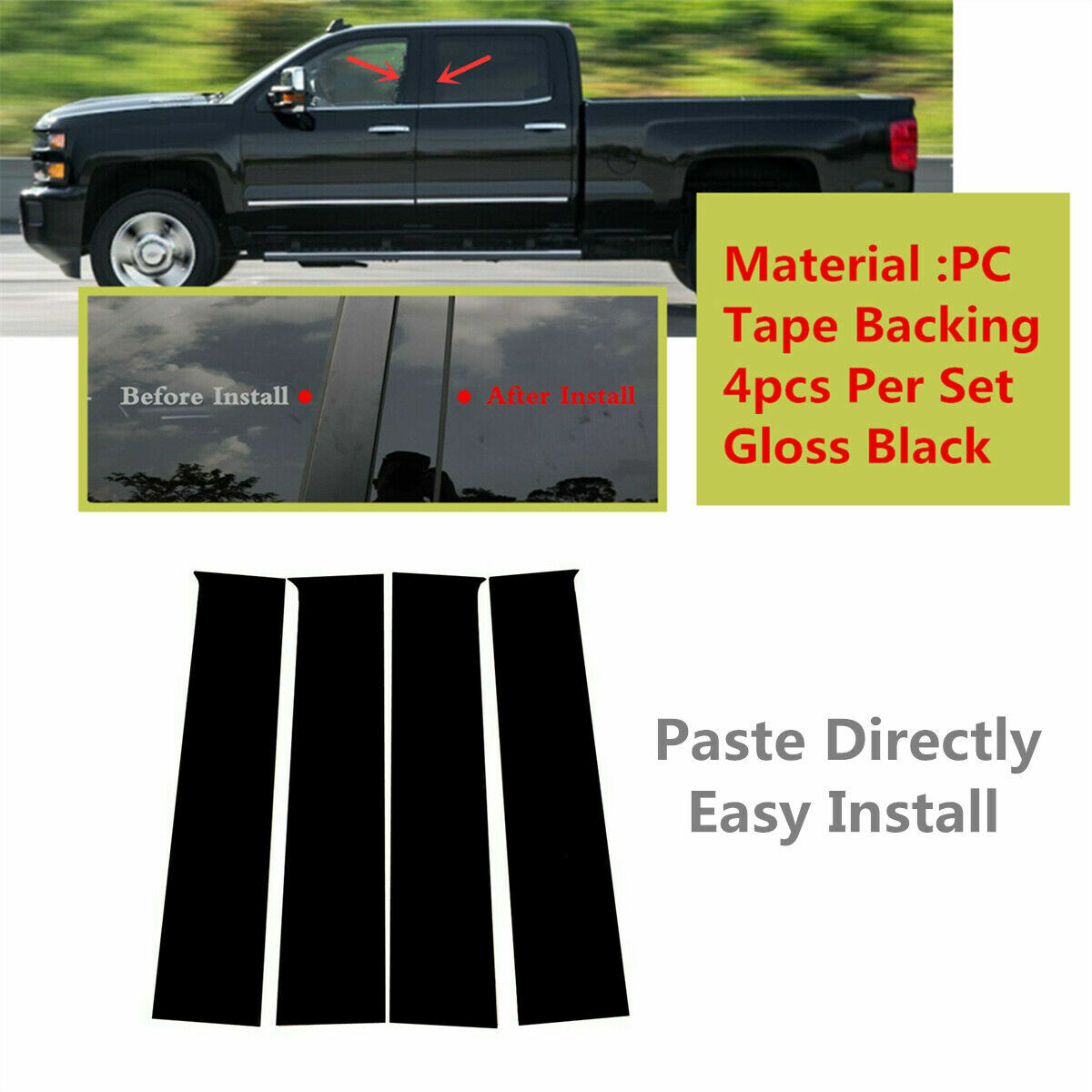 4-Piece Gloss Black Pillar Post Trim Decal Cover For 2014-2018 Chevy Silverado & GMC Sierra