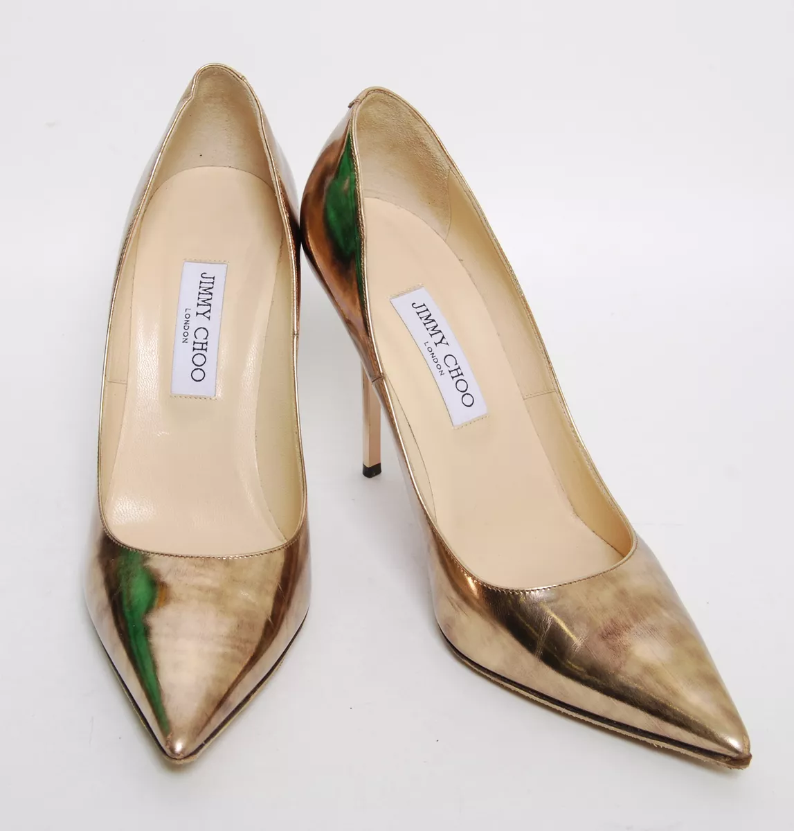 JIMMY CHOO Gold Metallic Leather Crown Peep Toe Pumps SZ 36.5